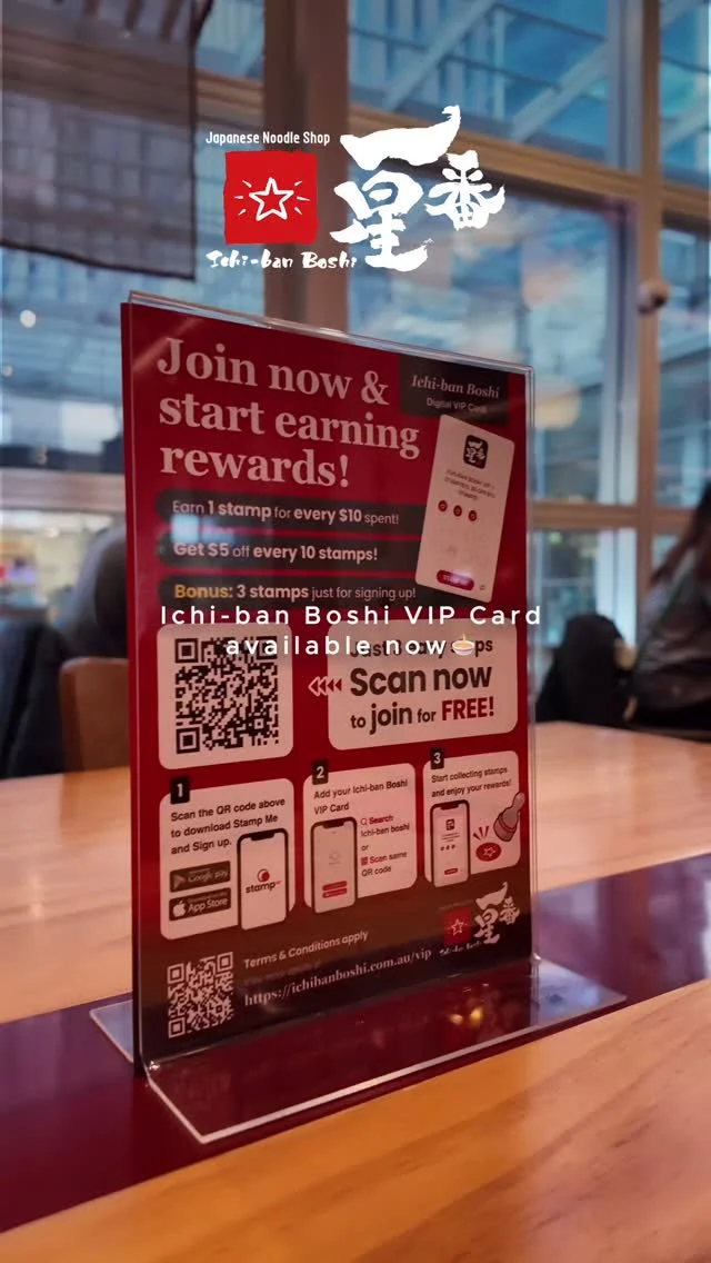 Ichi-ban Boshi VIP Card available now!
.
Collect rewards while enjoying your favourite ramen 🍜
.
✨ Here’s how it works:
・Get 1 stamp for every $10 spent
・Receive $5 off with every 10 stamps
・Bonus: 3 stamps just for signing up!
.
.
 It’s super easy to join:
1️⃣ Download the Stamp Me app
2️⃣ Add the Ichi-ban Boshi VIP card
3️⃣ Start collecting stamps & enjoy the rewards
.
It’s completely free to join! Collect stamps with each visit and enjoy exclusive savings.
.
More detail on our website: 
https://ichibanboshi.com.au/vip/
.
Take away:
* Ritual
please call us before you come to pick up your food:)
.
Delivery:
* Uber
* Doordash
* Hungry Panda
.
@ichibanboshiaus
.
.
Opening hours:
●Sydney City
11am-9pm 7days
●Sydney Express
11am-4pm 7days
●Bondi Junction
11am-9pm except Tuesday
.
.
@ichibanboshiaus
.
.
#ichibanboshiaus
#ramen
#japaneserestaurant
#sydneyfoodieshare
#sydneyjapanesefood
#japanesefood
#sydney 
#sydneylife